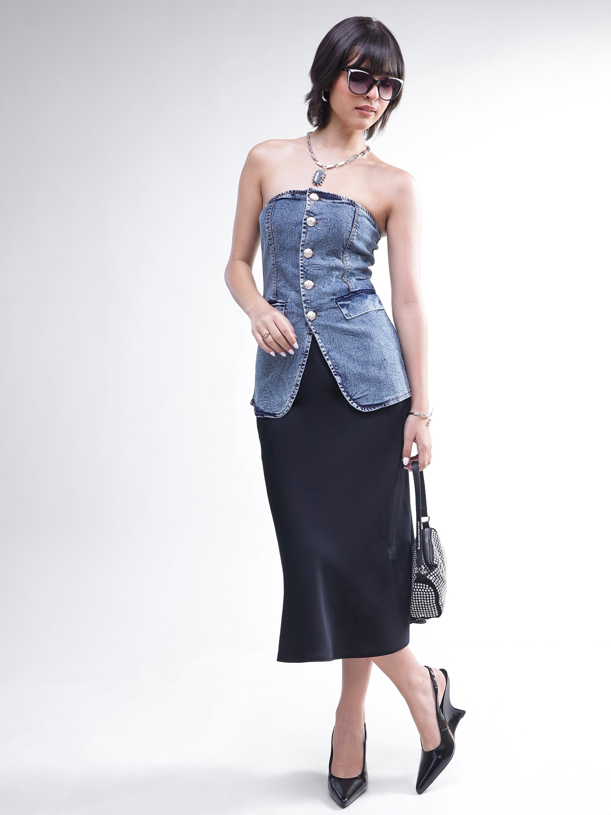 DesiQlo Blue Wash Denim Button Down Tube Top - Blue