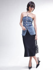 Women Blue Wash Denim Button Down Tube Top