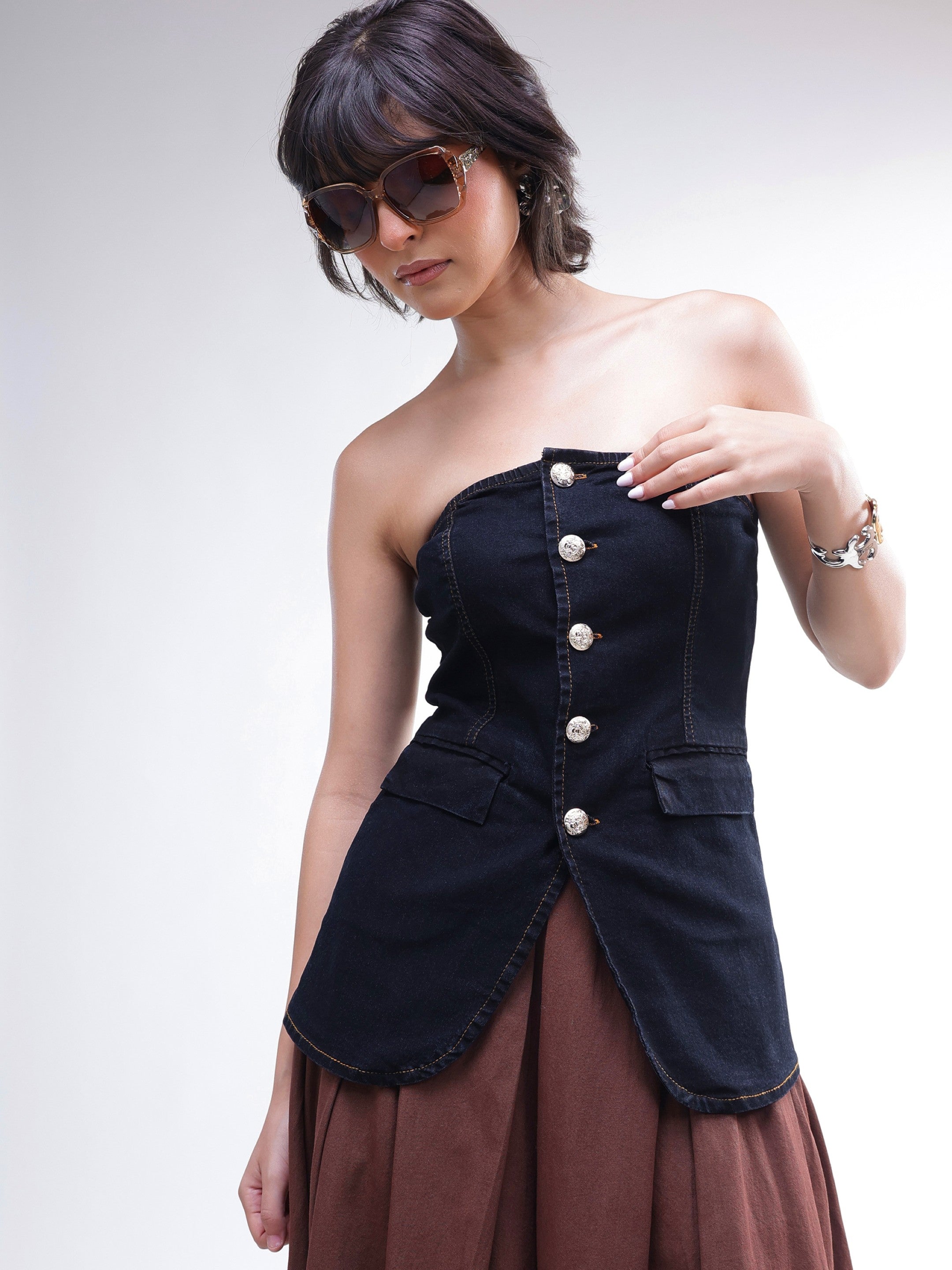 DesiQlo Black Denim Button Down Tube Top - Black