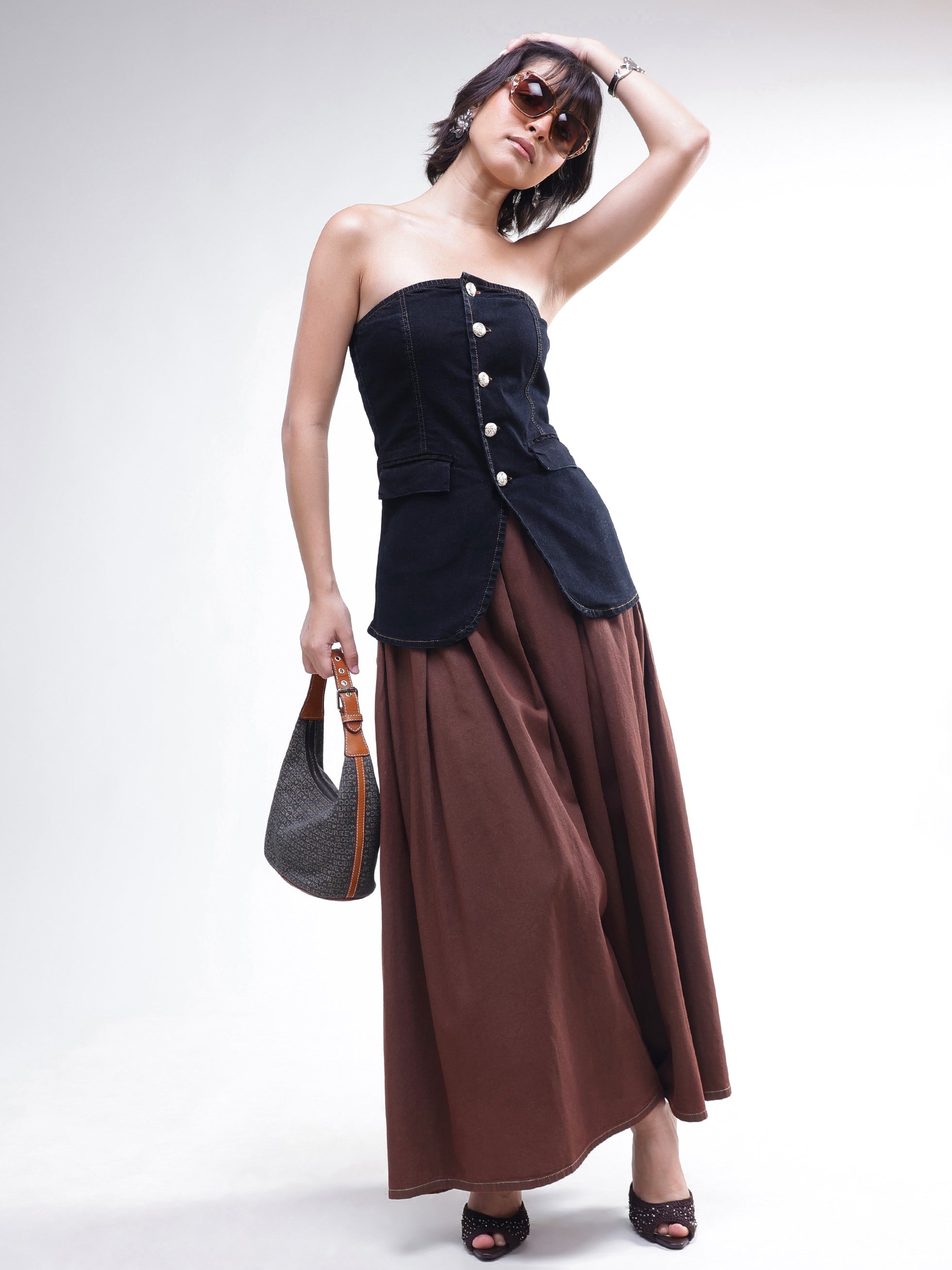 DesiQlo Black Denim Button Down Tube Top - Black