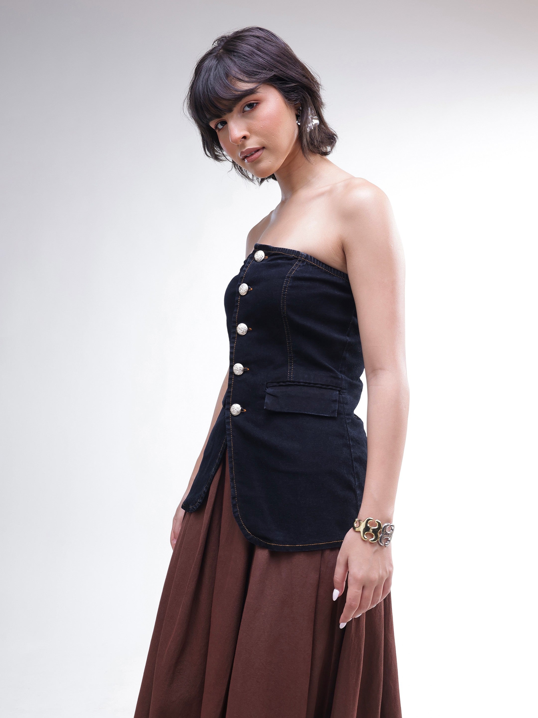 DesiQlo Black Denim Button Down Tube Top - Black