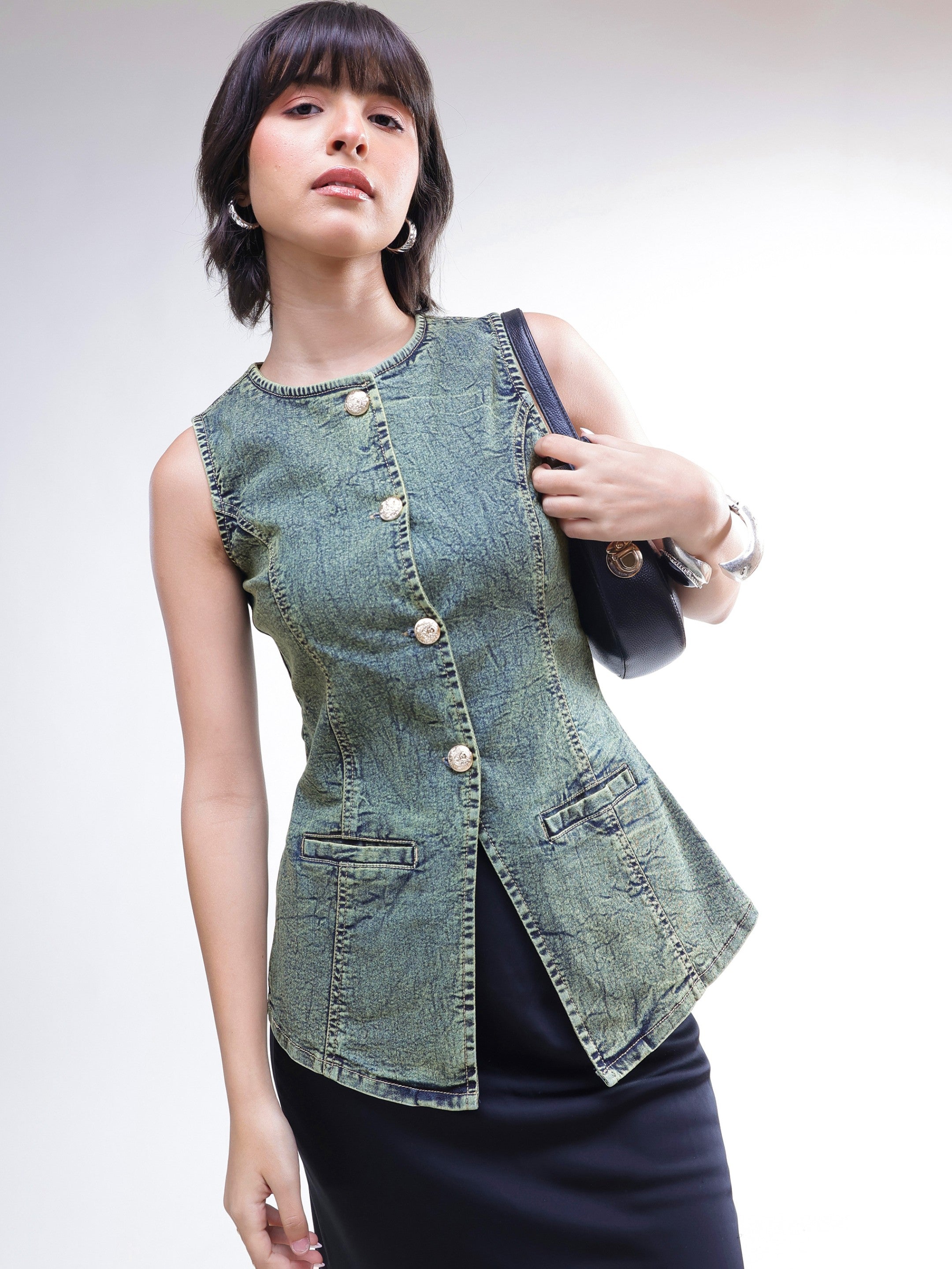 DesiQlo Green Washed Denim Sleeveless Waistcoat - Green