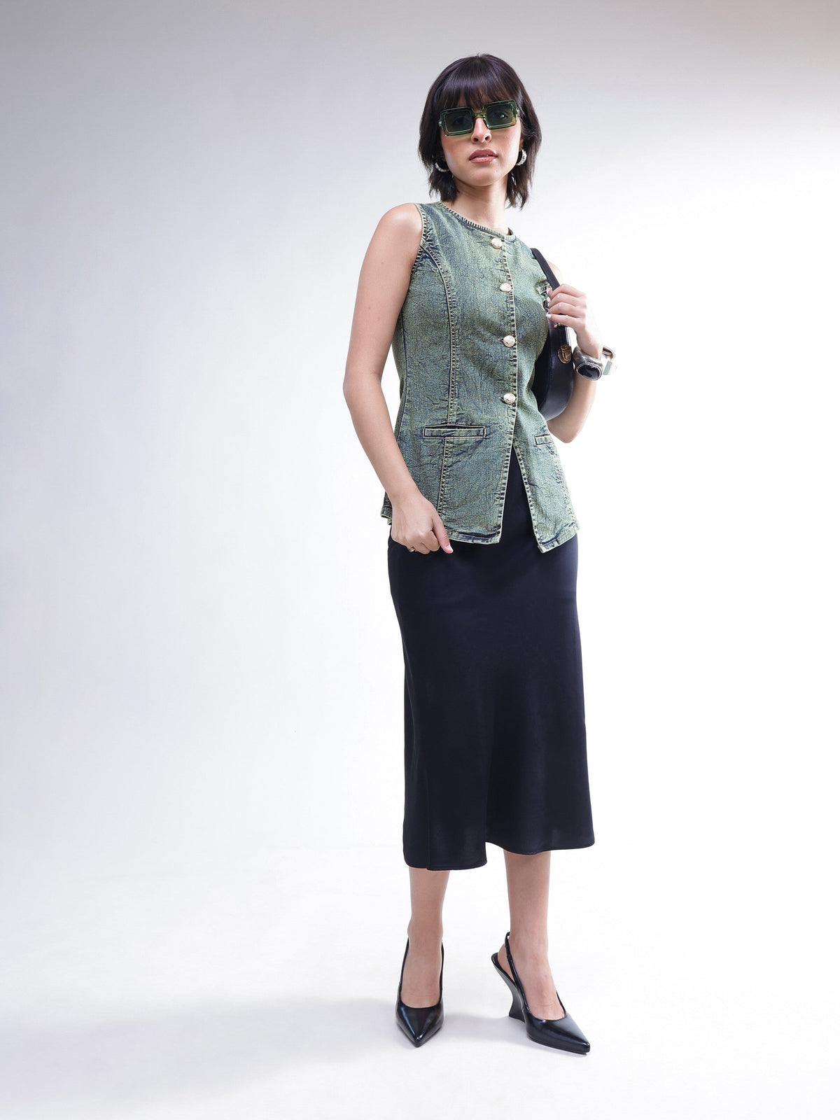 Women Green Washed Denim Sleeveless Waistcoat