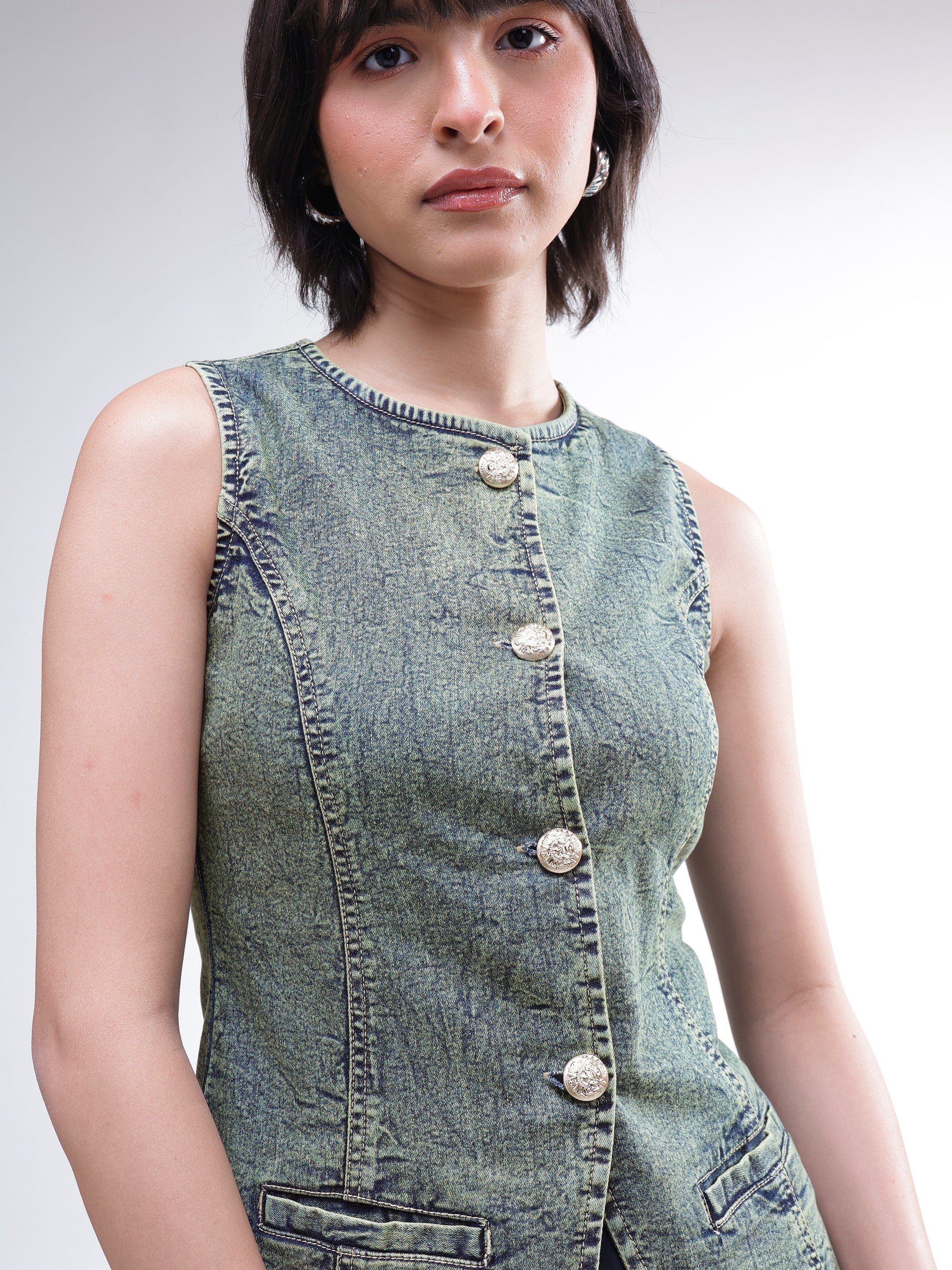 DesiQlo Green Washed Denim Sleeveless Waistcoat - Green