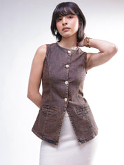 Women Brown Washed Denim Sleeveless Waistcoat