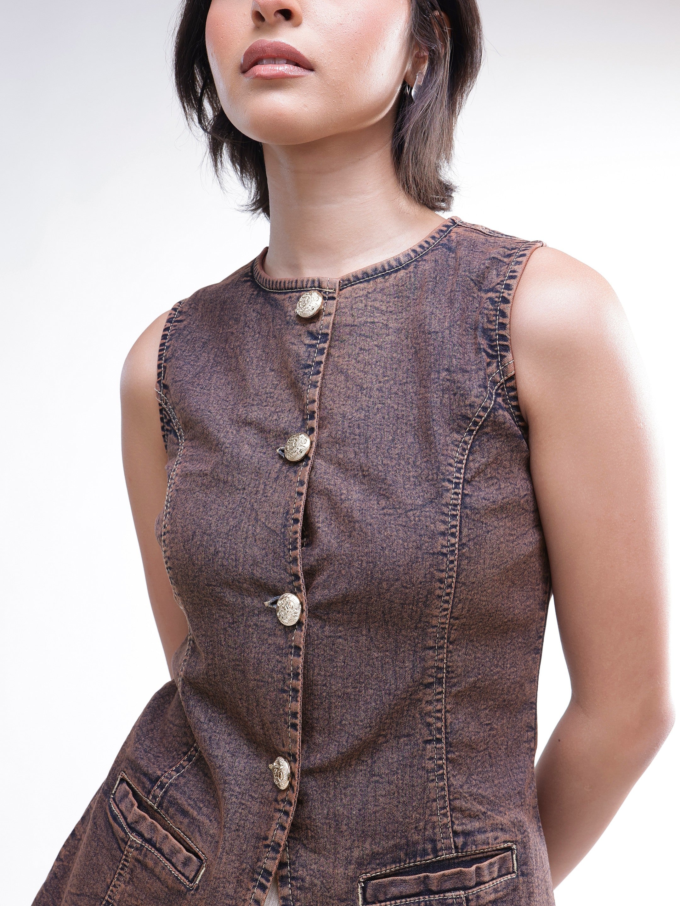 DesiQlo Brown Washed Denim Sleeveless Waistcoat - Brown