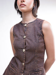 Women Brown Washed Denim Sleeveless Waistcoat