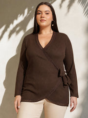 Women Brown Rib Wrap Top