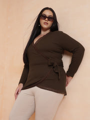 Women Brown Rib Wrap Top