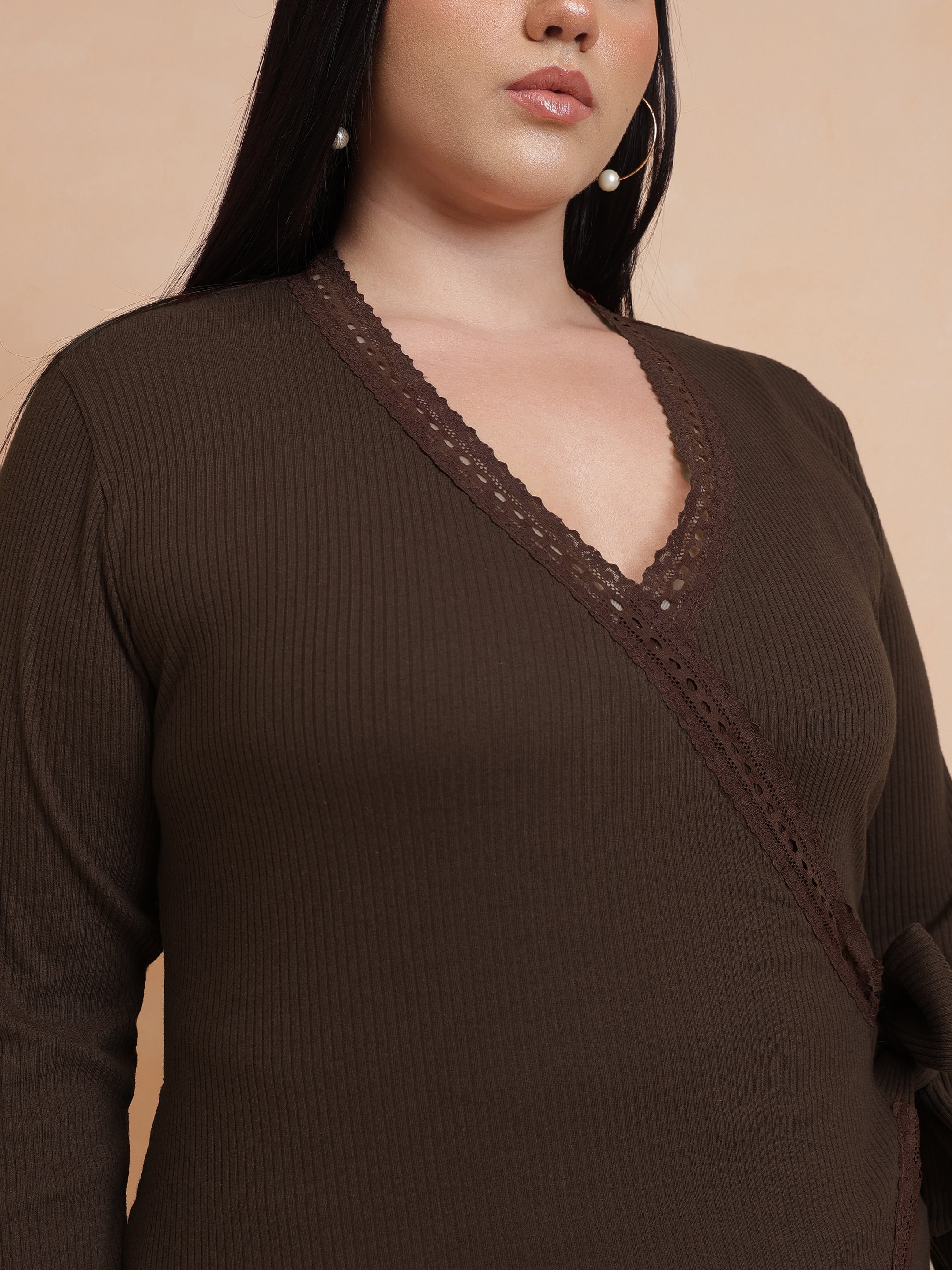 DesiQlo Brown Rib Wrap Top - Brown