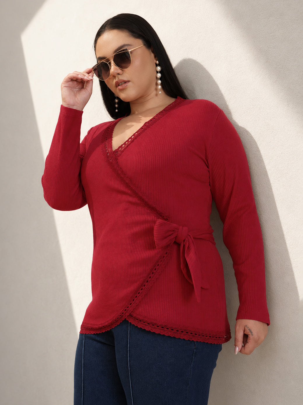 DesiQlo Red Rib Wrap Top - Red