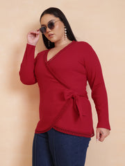 Women Red Rib Wrap Top