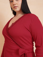 Women Red Rib Wrap Top