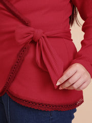 Women Red Rib Wrap Top