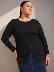 Women Black Rib Full Sleeves Top