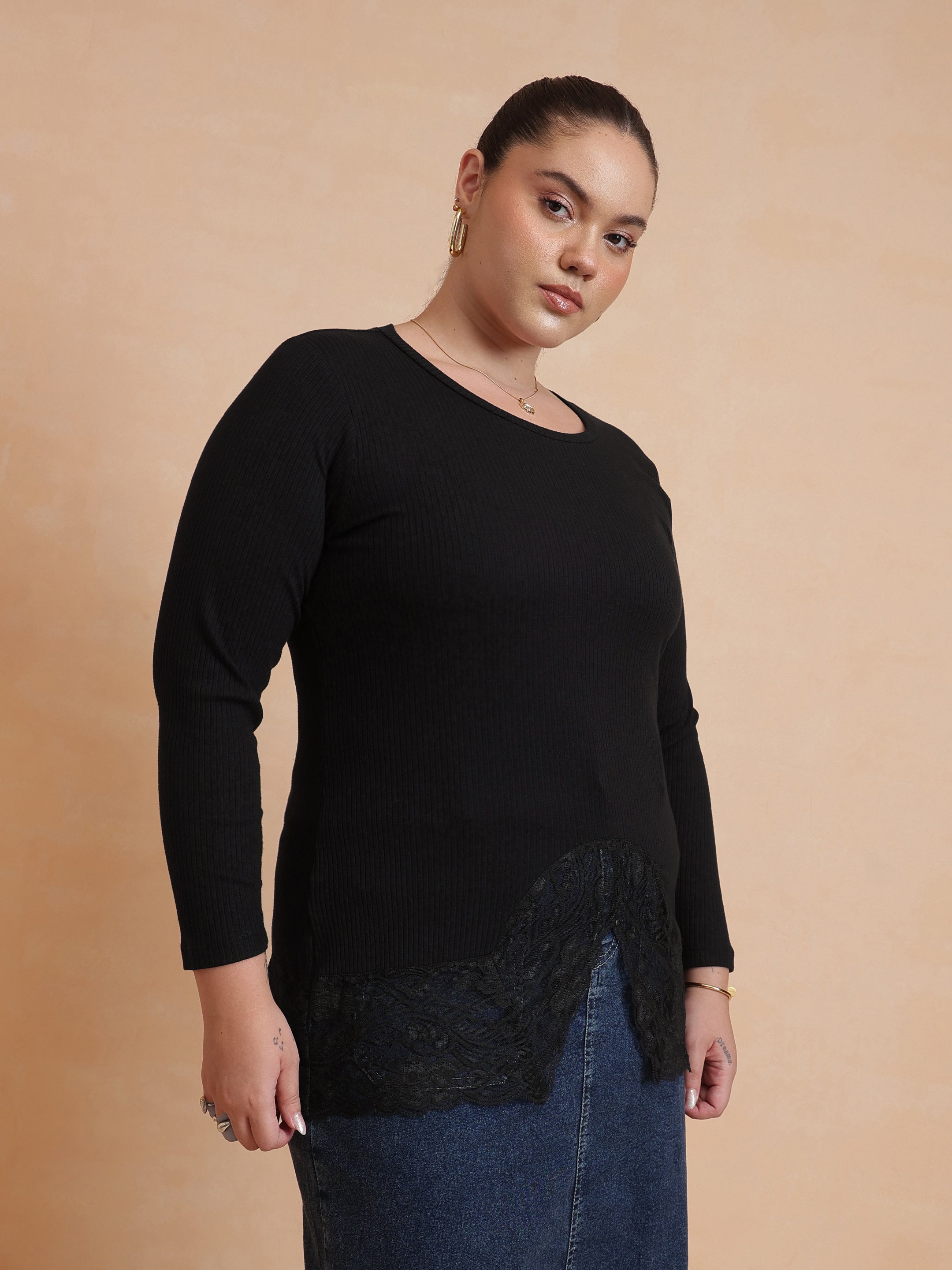 DesiQlo Black Rib Full Sleeves Top - Black