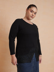 Women Black Rib Full Sleeves Top