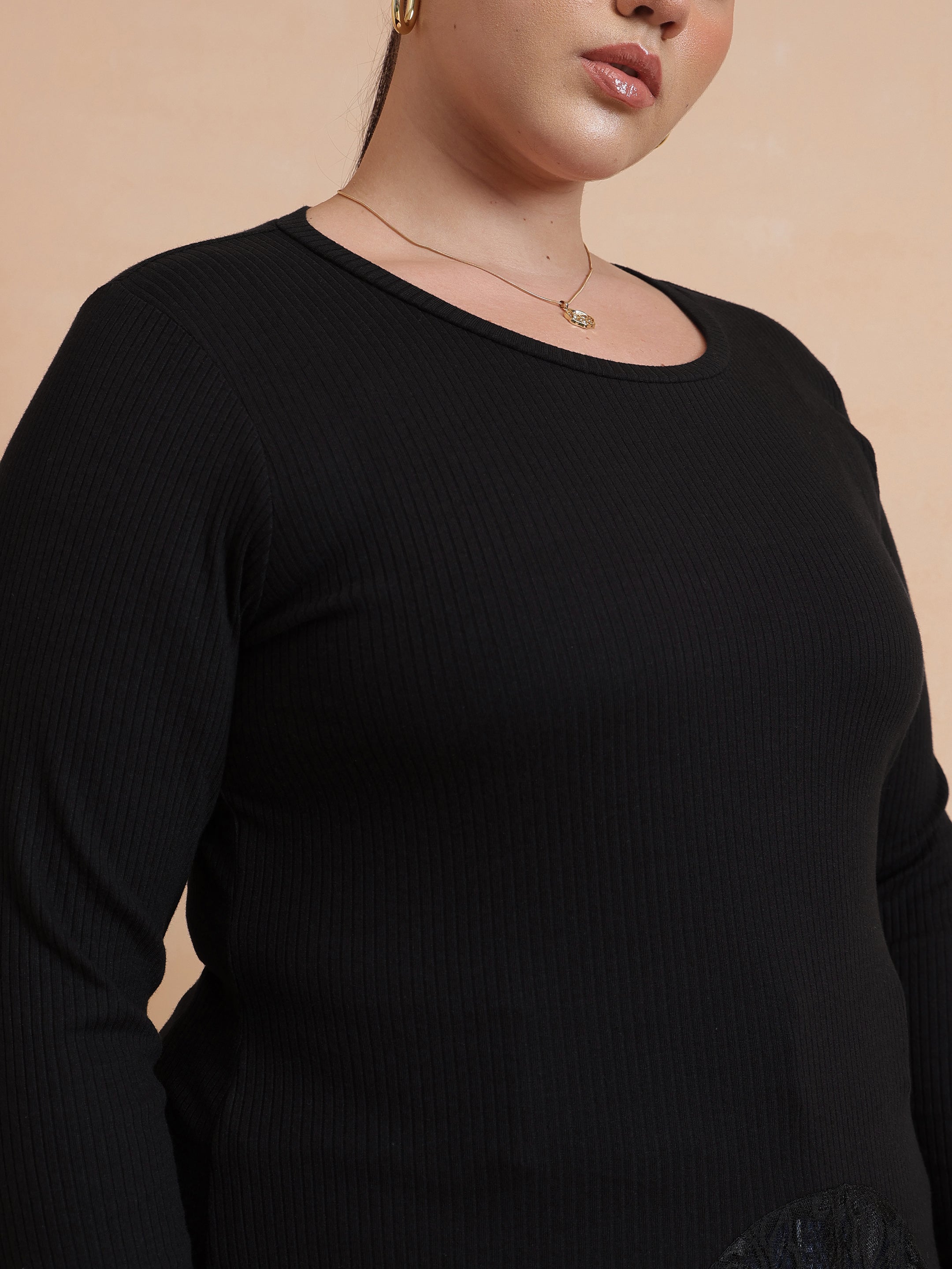 DesiQlo Black Rib Full Sleeves Top - Black