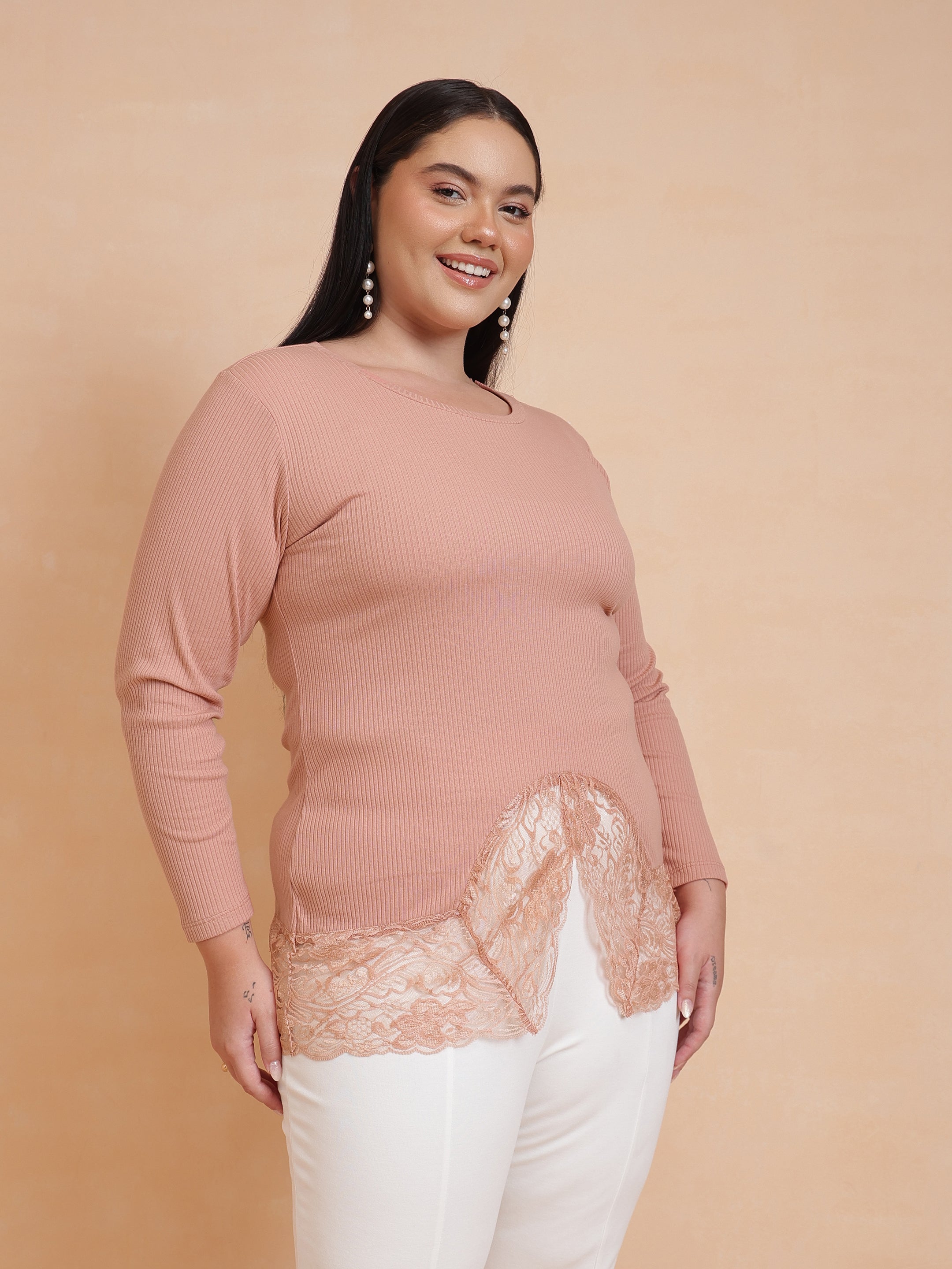 DesiQlo Onion Pink Rib Full Sleeves Top - Pink