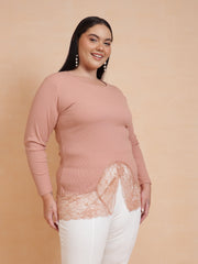 Women Onion Pink Rib Full Sleeves Top