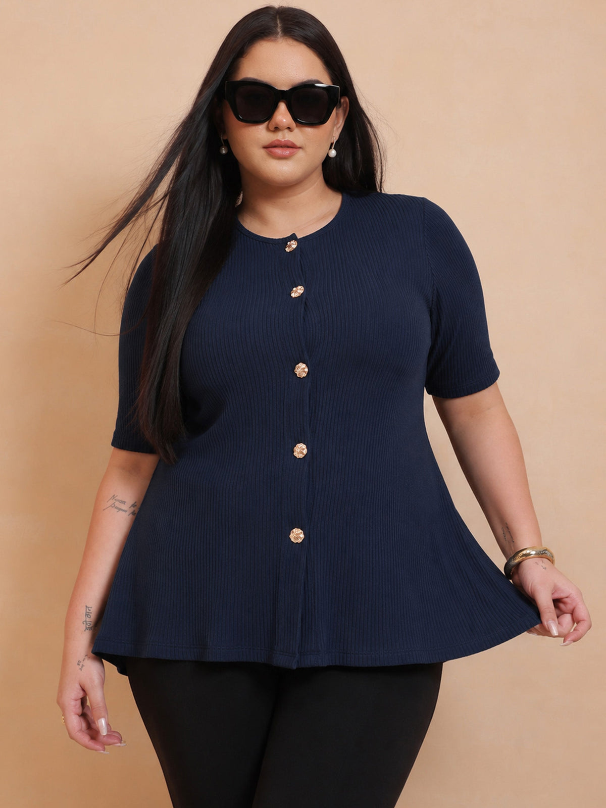 Women Navy Rib Button Down Peplum Top