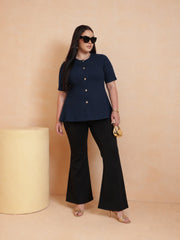 Women Navy Rib Button Down Peplum Top