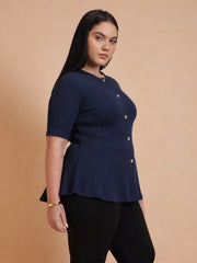 Women Navy Rib Button Down Peplum Top