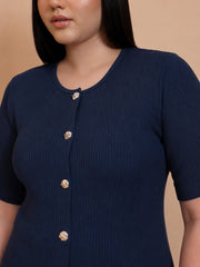 Women Navy Rib Button Down Peplum Top