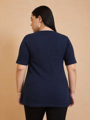 Women Navy Rib Button Down Peplum Top