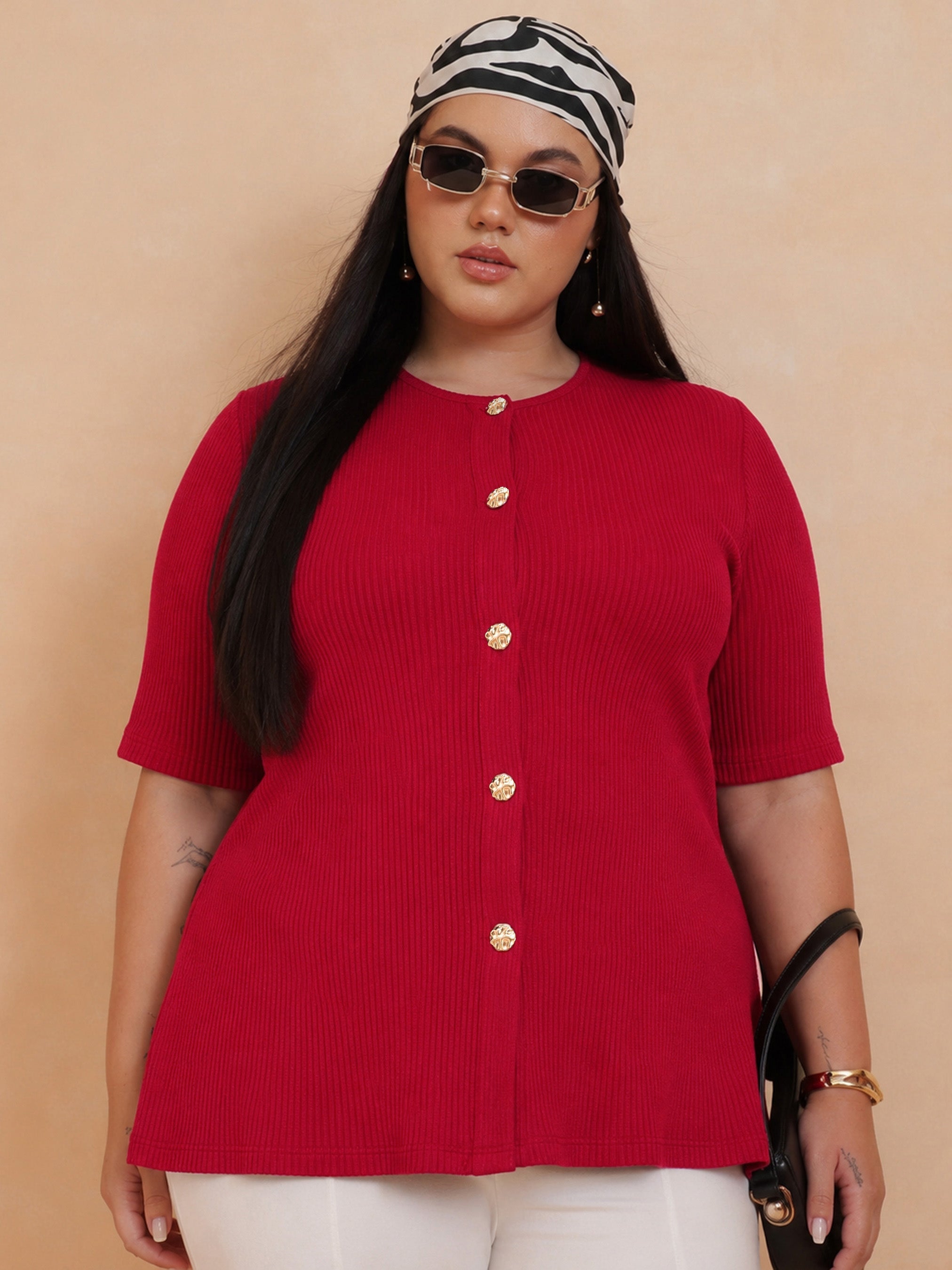 DesiQlo Red Rib Button Down Peplum Top - Red