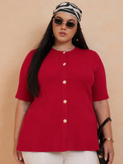 Women Red Rib Button Down Peplum Top
