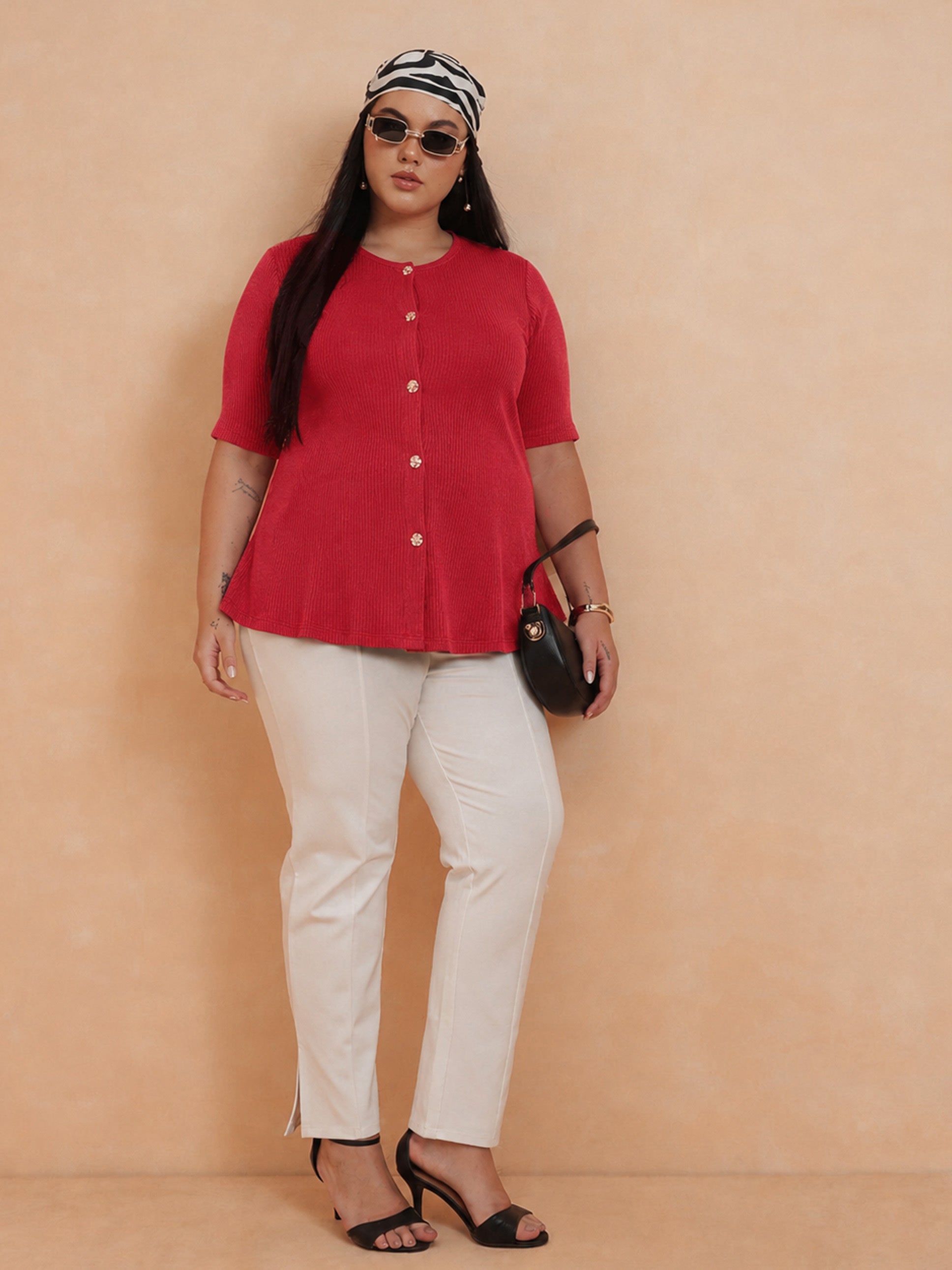 DesiQlo Red Rib Button Down Peplum Top - Red