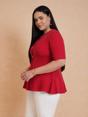 Women Red Rib Button Down Peplum Top