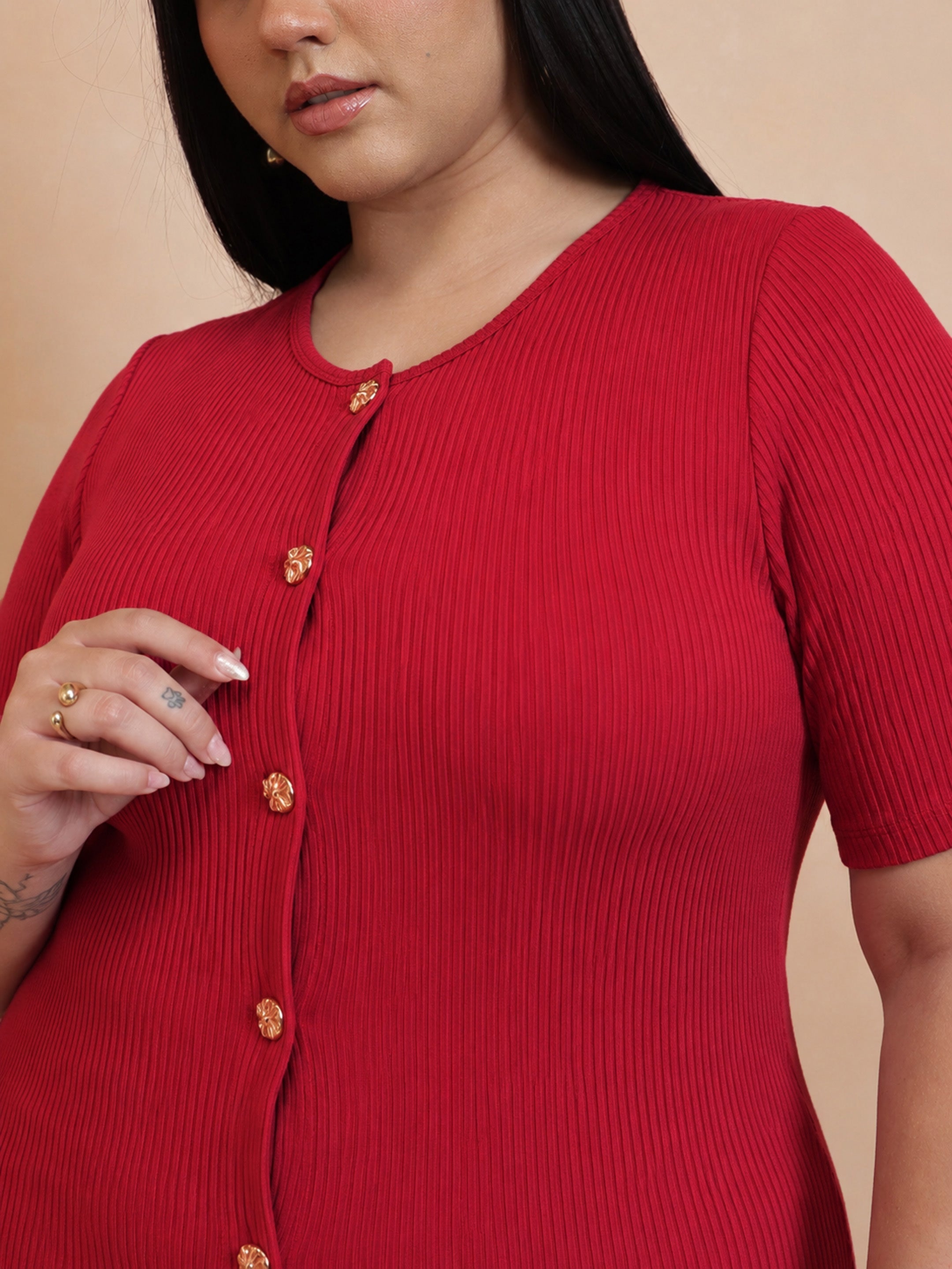 DesiQlo Red Rib Button Down Peplum Top - Red