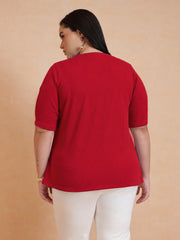 Women Red Rib Button Down Peplum Top