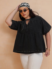 Women Black Wash Denim Tiered Top