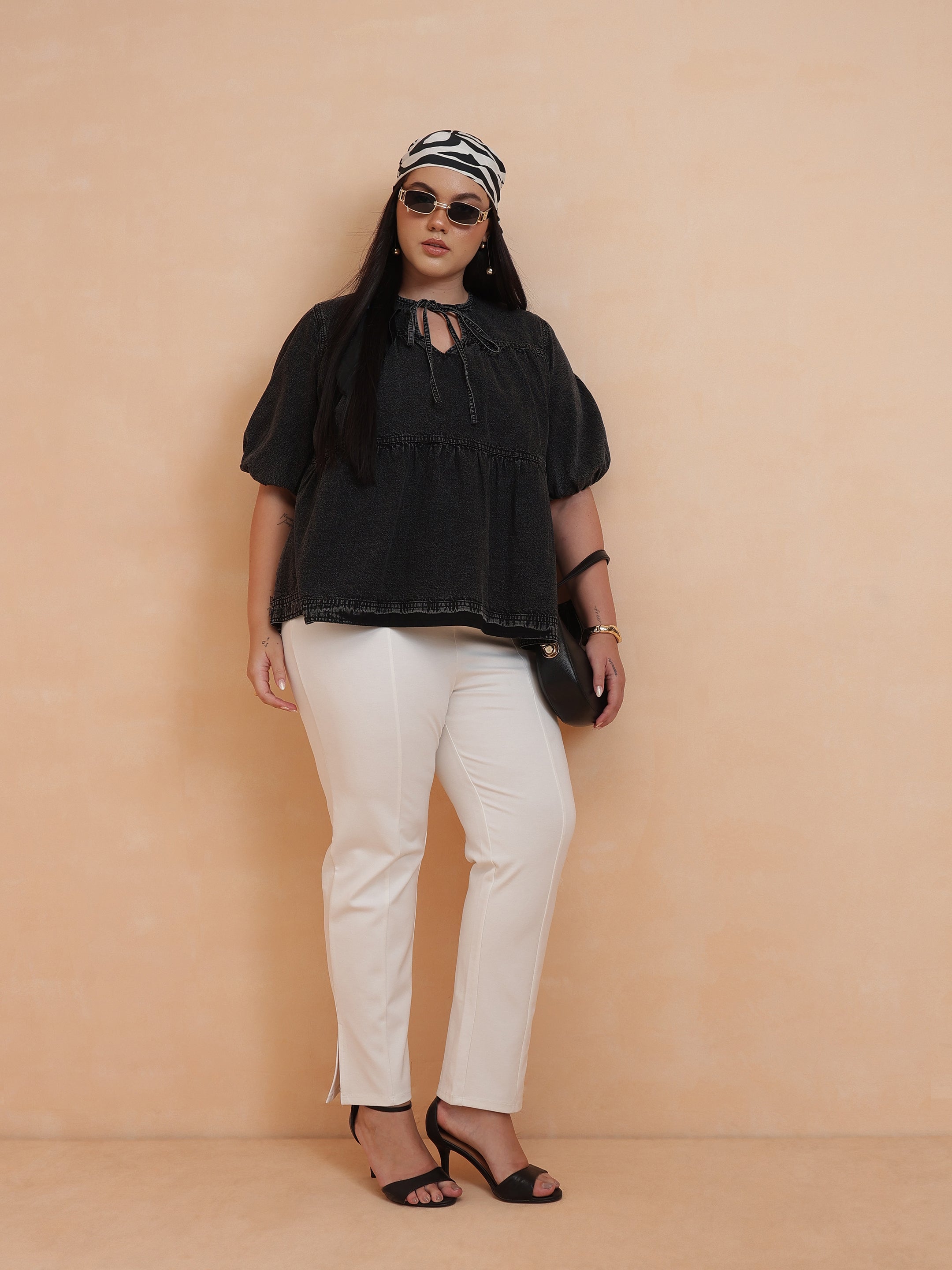 DesiQlo Black Wash Denim Tiered Top - Black
