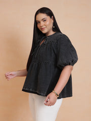 Women Black Wash Denim Tiered Top