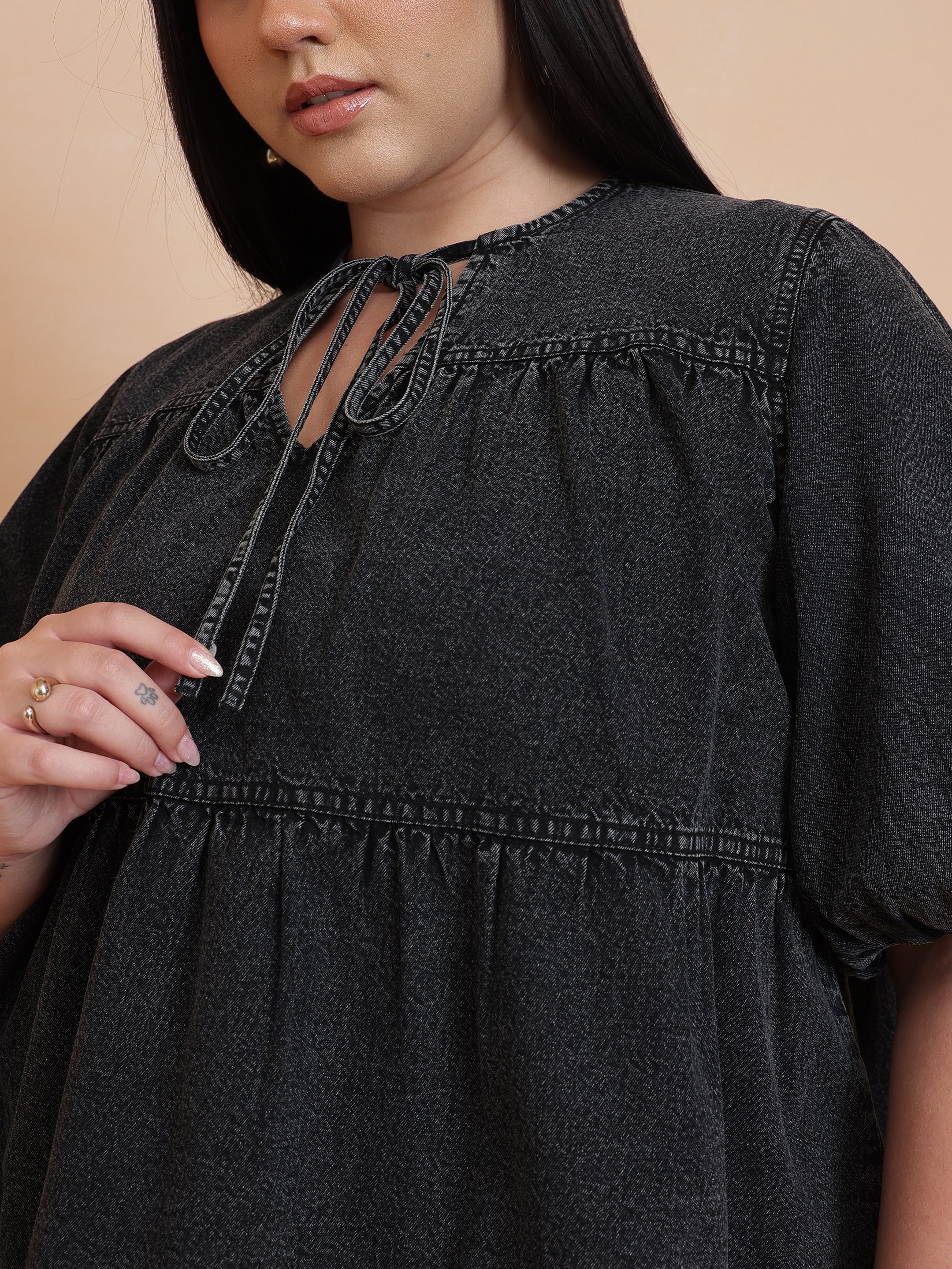 DesiQlo Black Wash Denim Tiered Top - Black