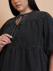 Women Black Wash Denim Tiered Top
