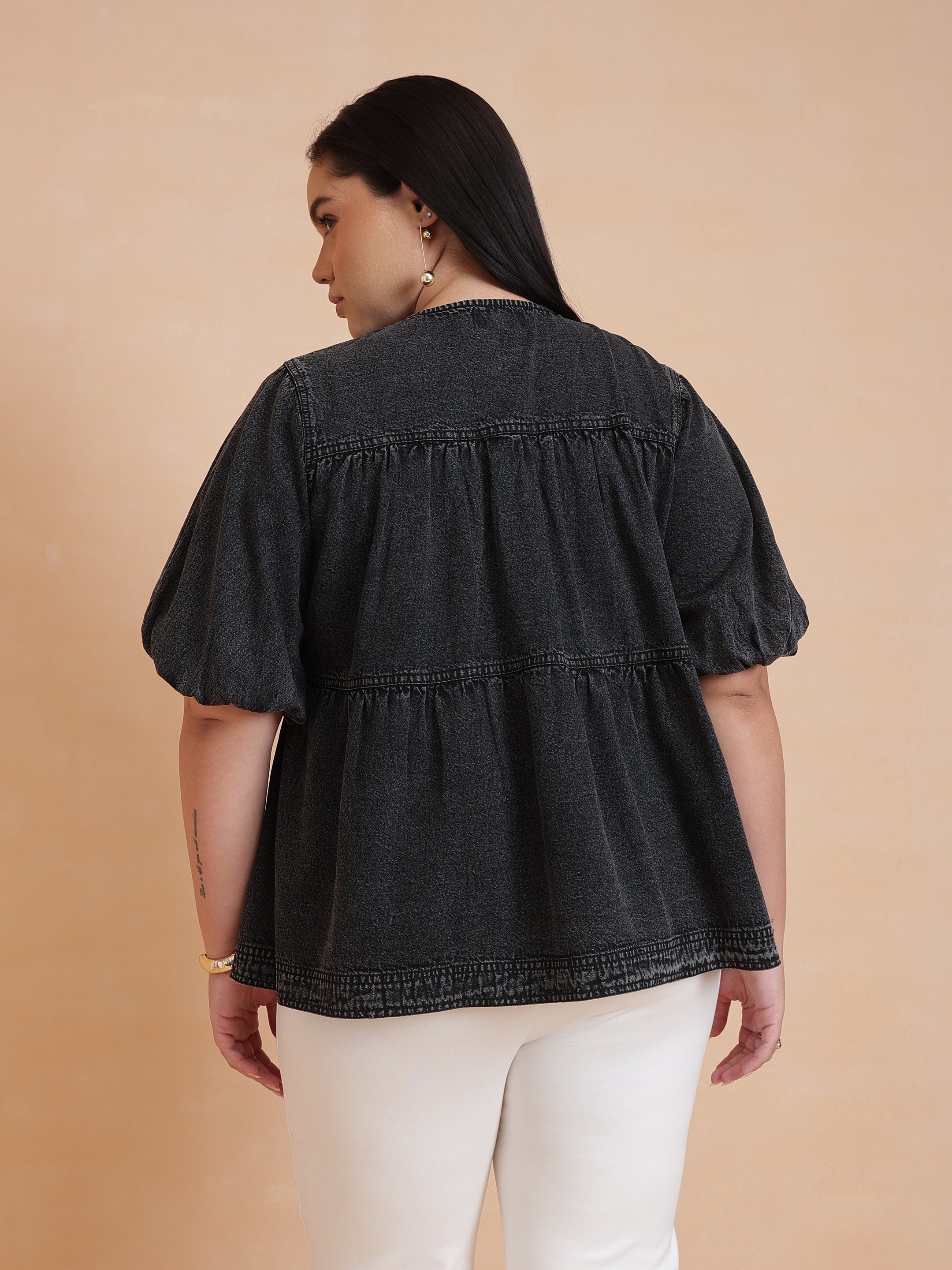 DesiQlo Black Wash Denim Tiered Top - Black
