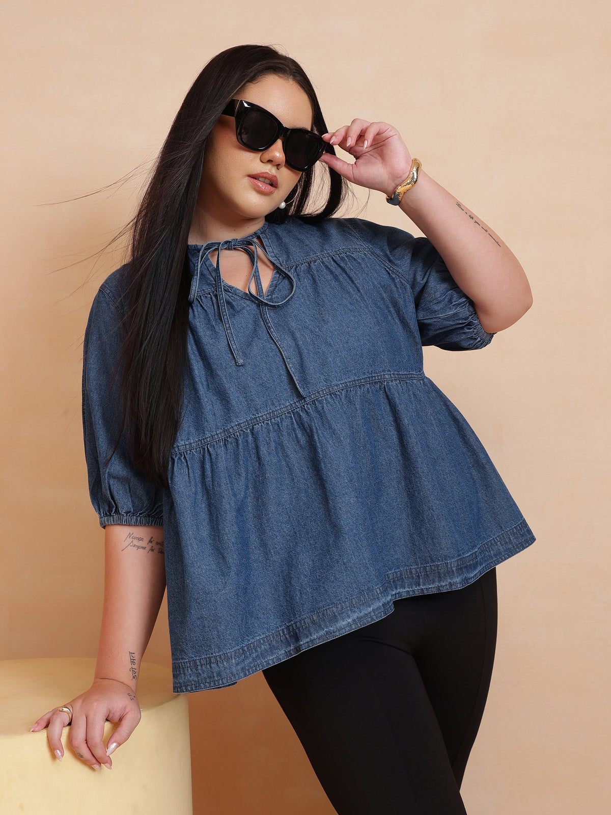 Women Blue Denim Tiered Top