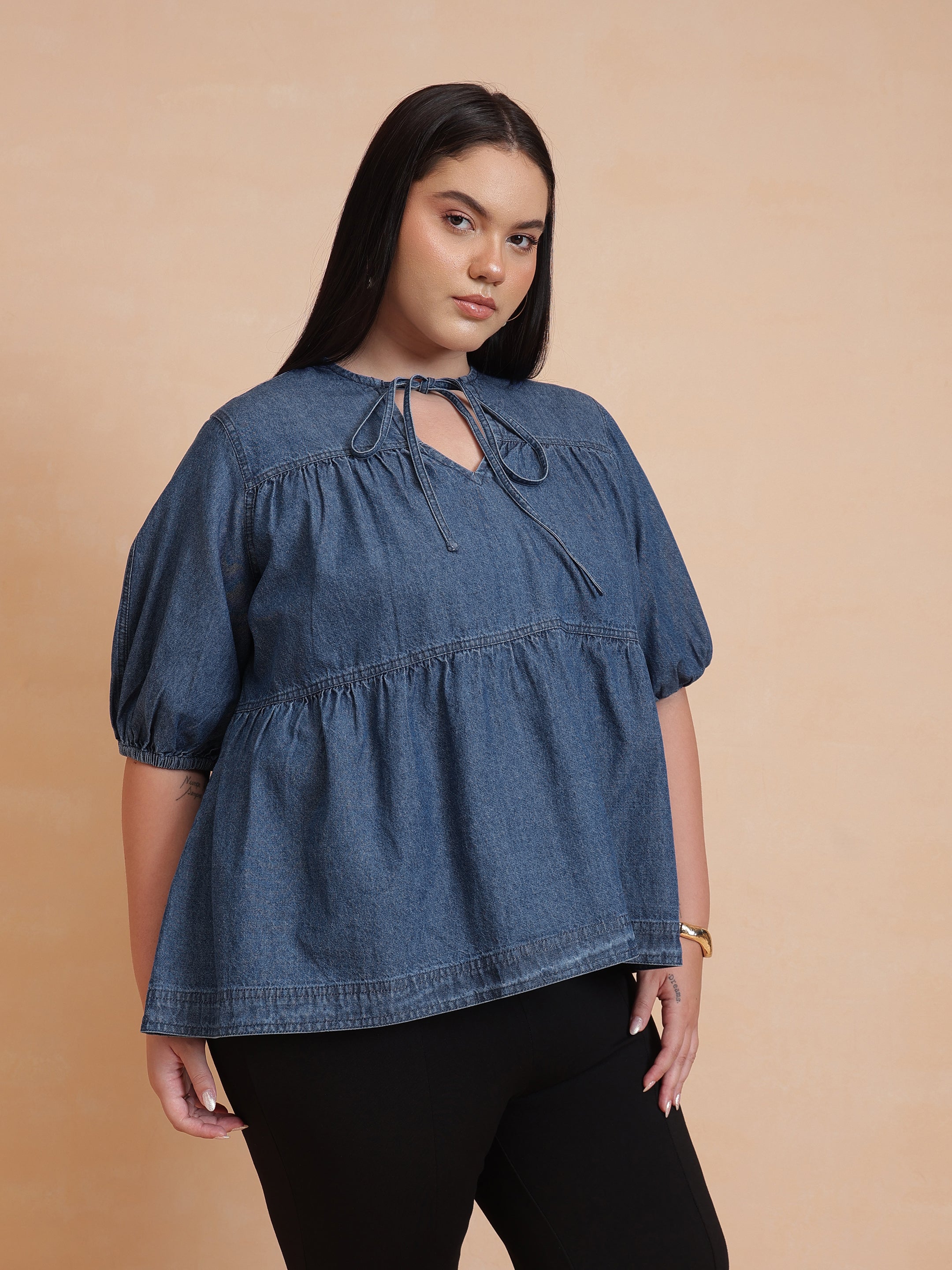 DesiQlo Blue Denim Tiered Top - Blue