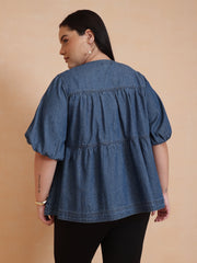 Women Blue Denim Tiered Top