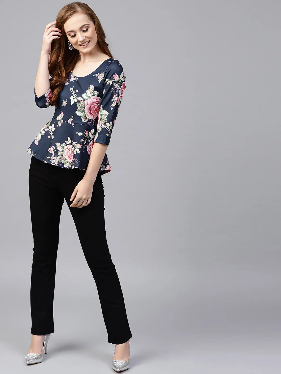Blue Floral Scuba Peplum Top - Fit and Flare Style