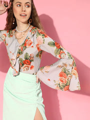 Women Grey Floral Ruffled V-Neck Blouse Top-SFTOPS4538-XS