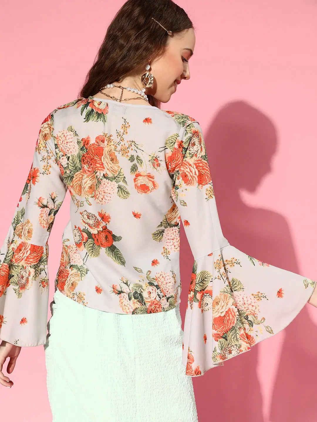 Grey Floral Ruffled V-Neck Blouse | Women's Tops & Shirts