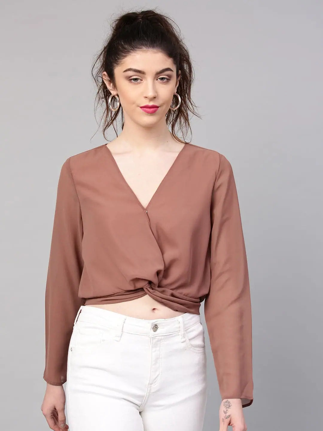 Rosewood Twist Crop Top | Georgette Wrap Front Top