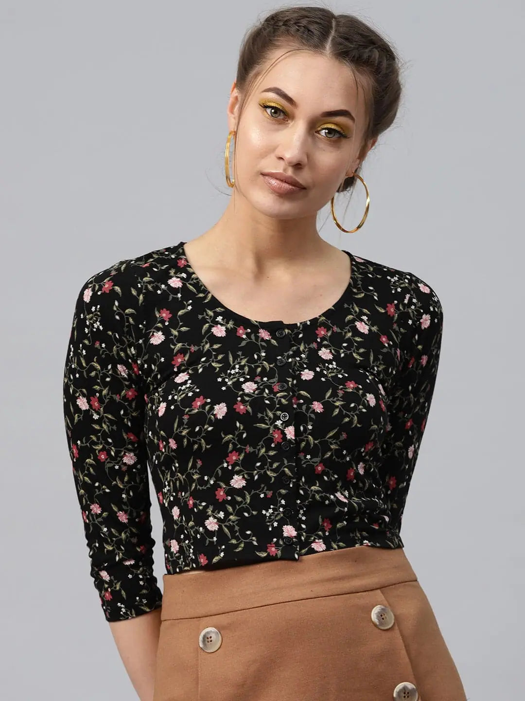 Black Floral Crop Top | Button-Front Viscose Jersey