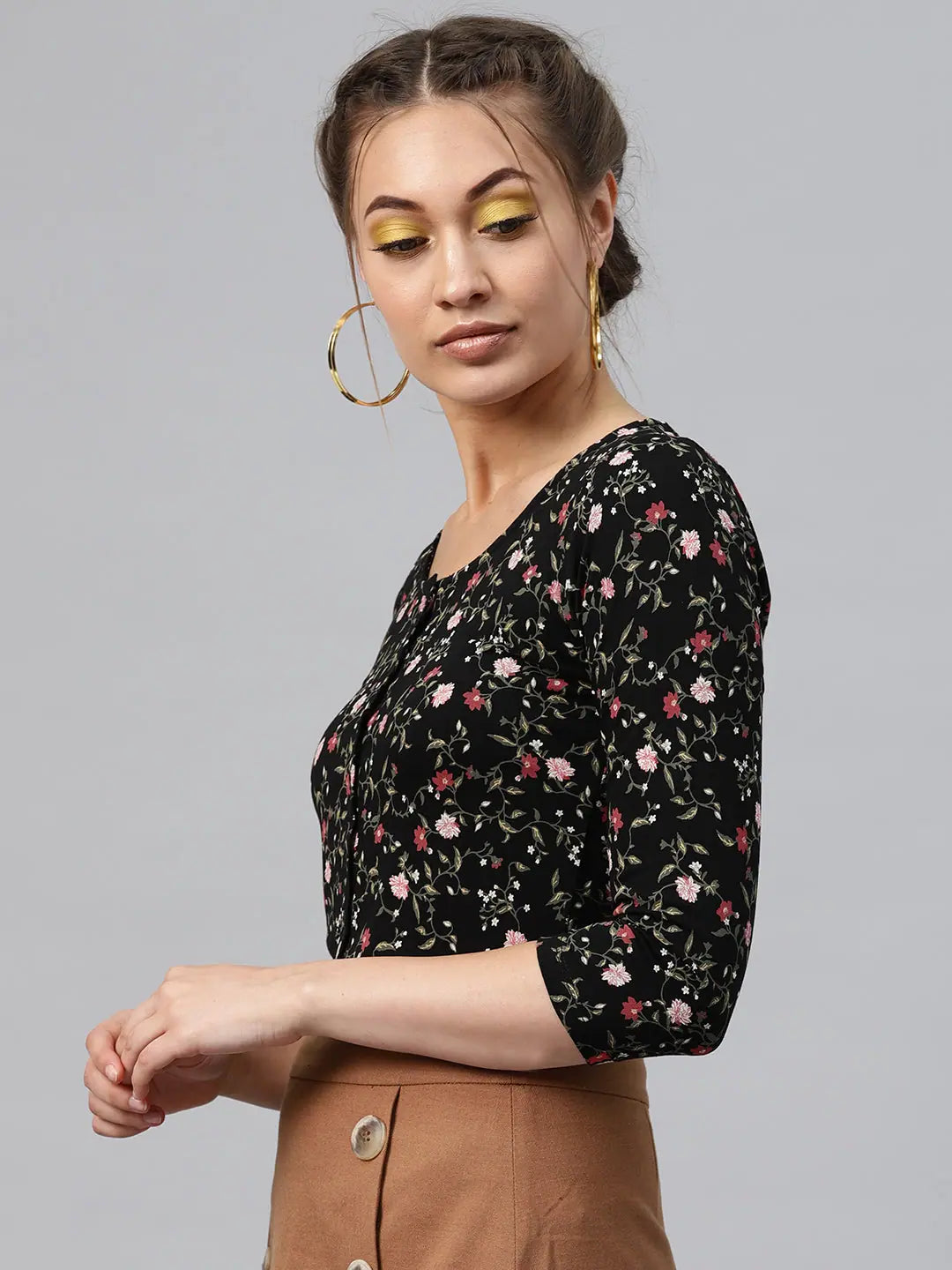 Black Floral Crop Top | Button-Front Viscose Jersey